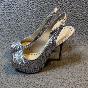 Enzo Angiolini Silver Sequin Peep-Toe Slingback Heels Women’s Size 10 M